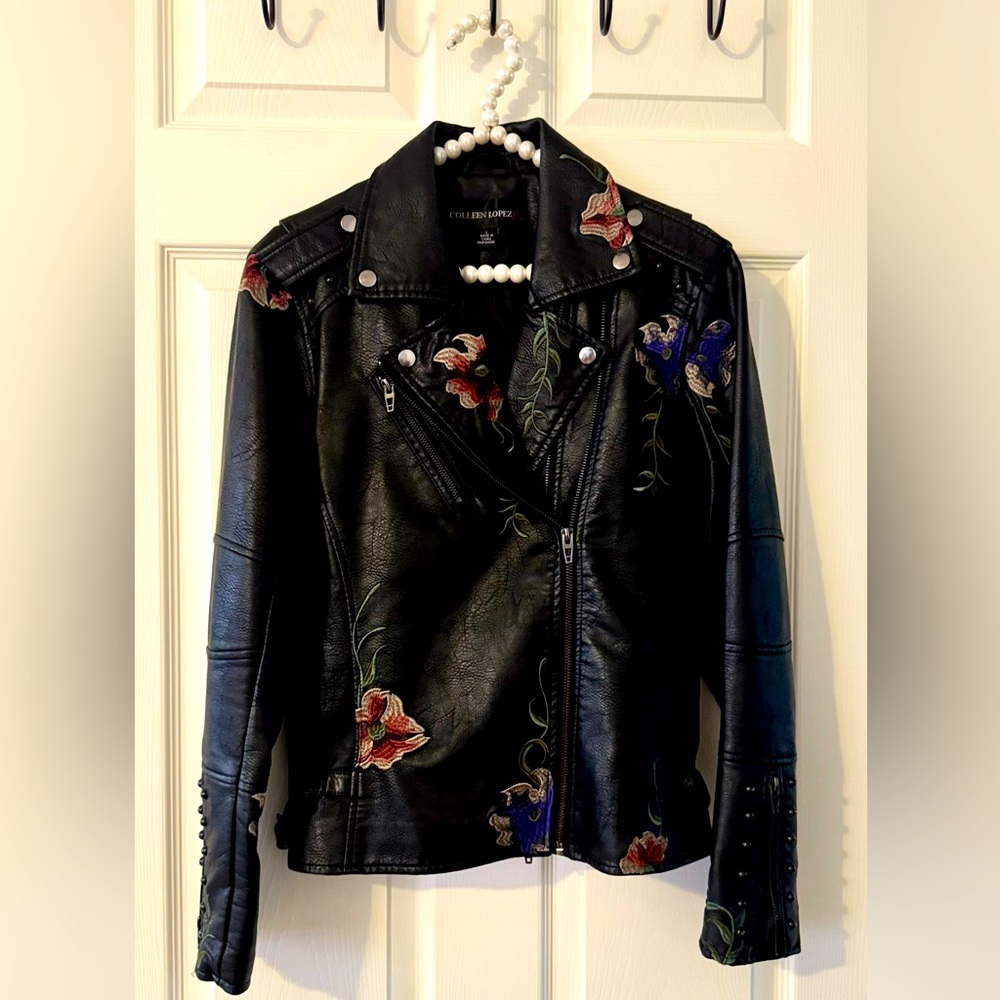 Floral Embroidery on Black Faux Leather Jacket